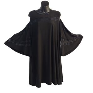 Nina Leonard Women's Black Cold Shoulder Flare Sleeve Lace Trim Tunic Dr…